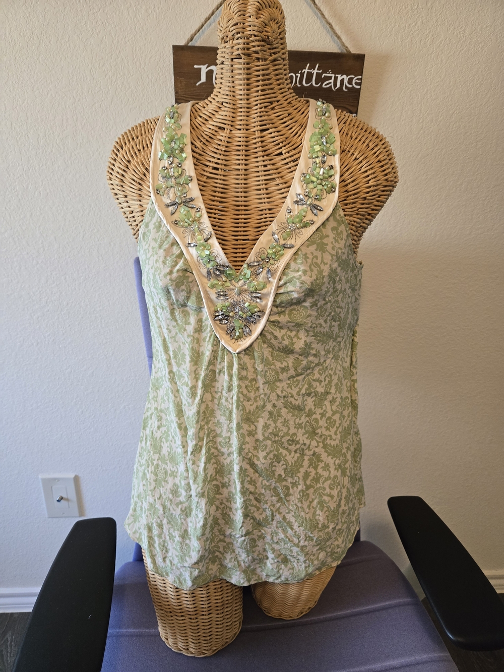 100% Silk Beaded V-Neck Sleeveless Women's Top in Light Green